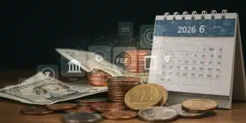 Financial landscape with coins, bills, and digital banking symbols for 2026, representing strategies to avoid banking fees.