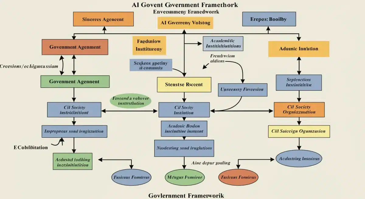 Detailed flowchart showing the intricate structure of an AI governance framework with various stakeholders.