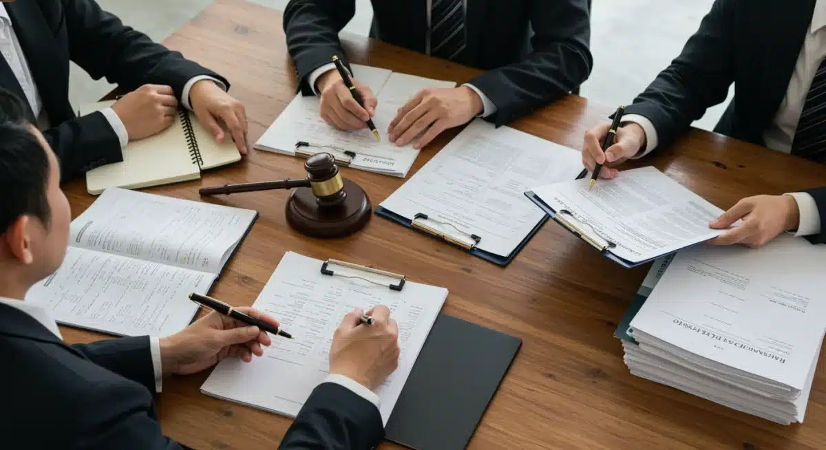 Legal team and client reviewing medical documents for a disability benefits appeal, symbolizing professional assistance.