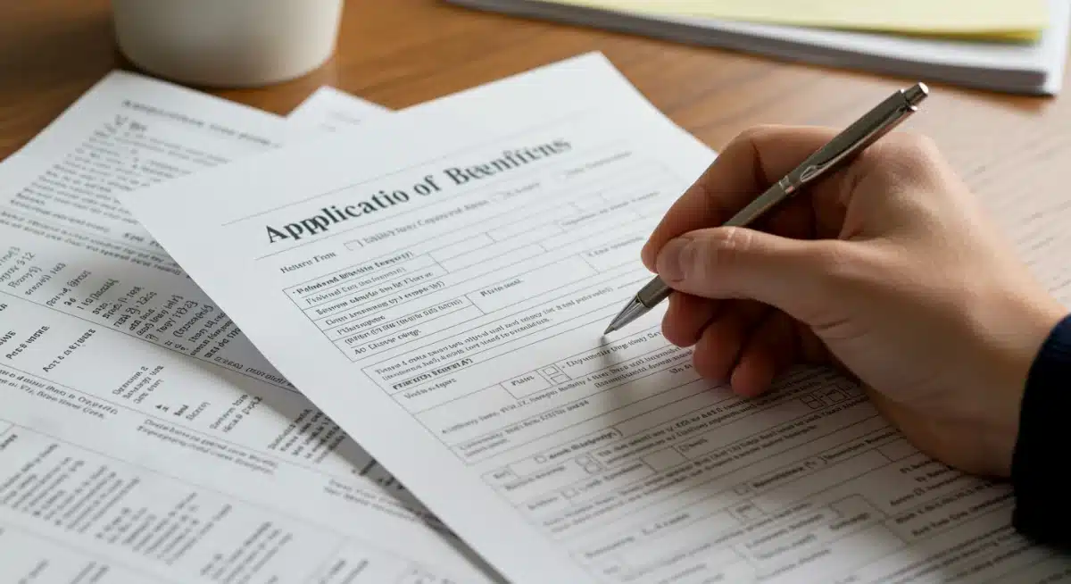 Hand filling out a disability benefits application form with supporting documents, highlighting the detailed application process.