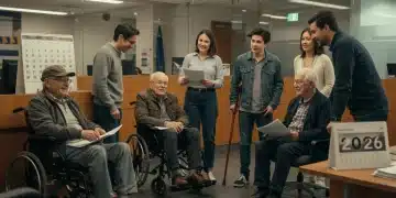 Individuals discussing disability benefits with a social worker in an office setting, representing support and guidance for 2026 changes.