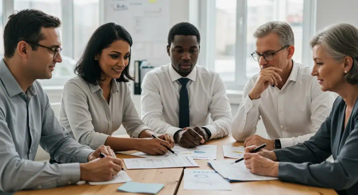 Financial advisors discussing retirement plans with clients in an office setting.