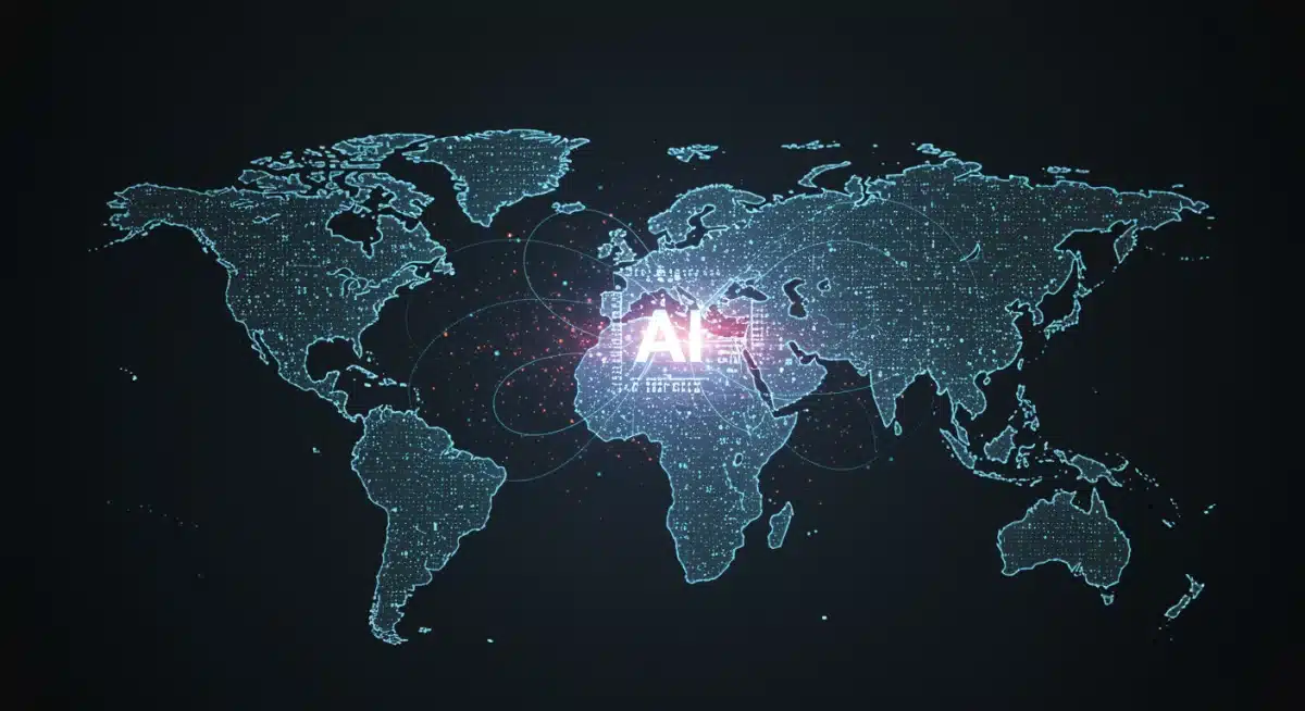 Global map with digital connections highlighting international collaboration on AI policy and governance.