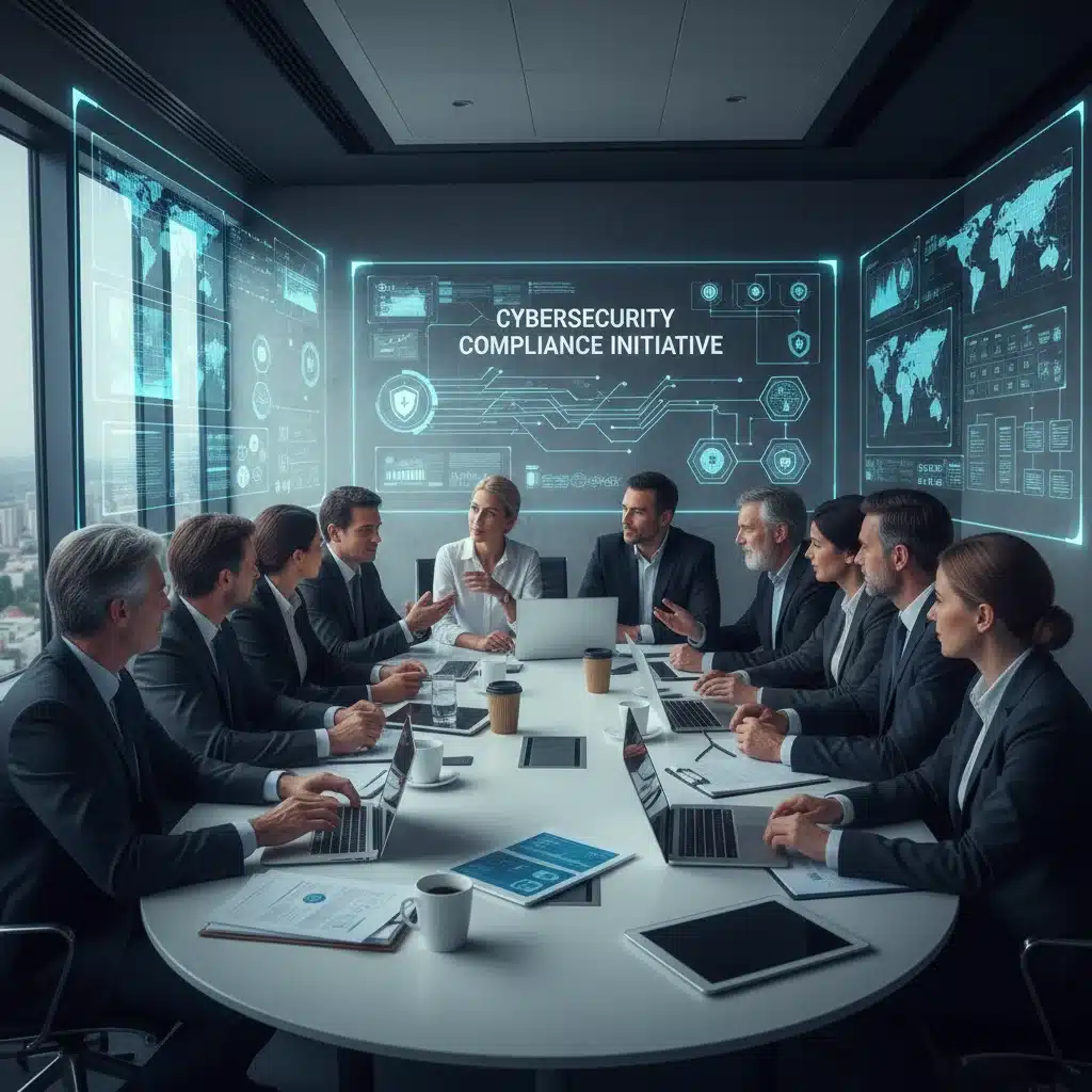 Business team collaborating on cybersecurity compliance strategies for new federal mandates.