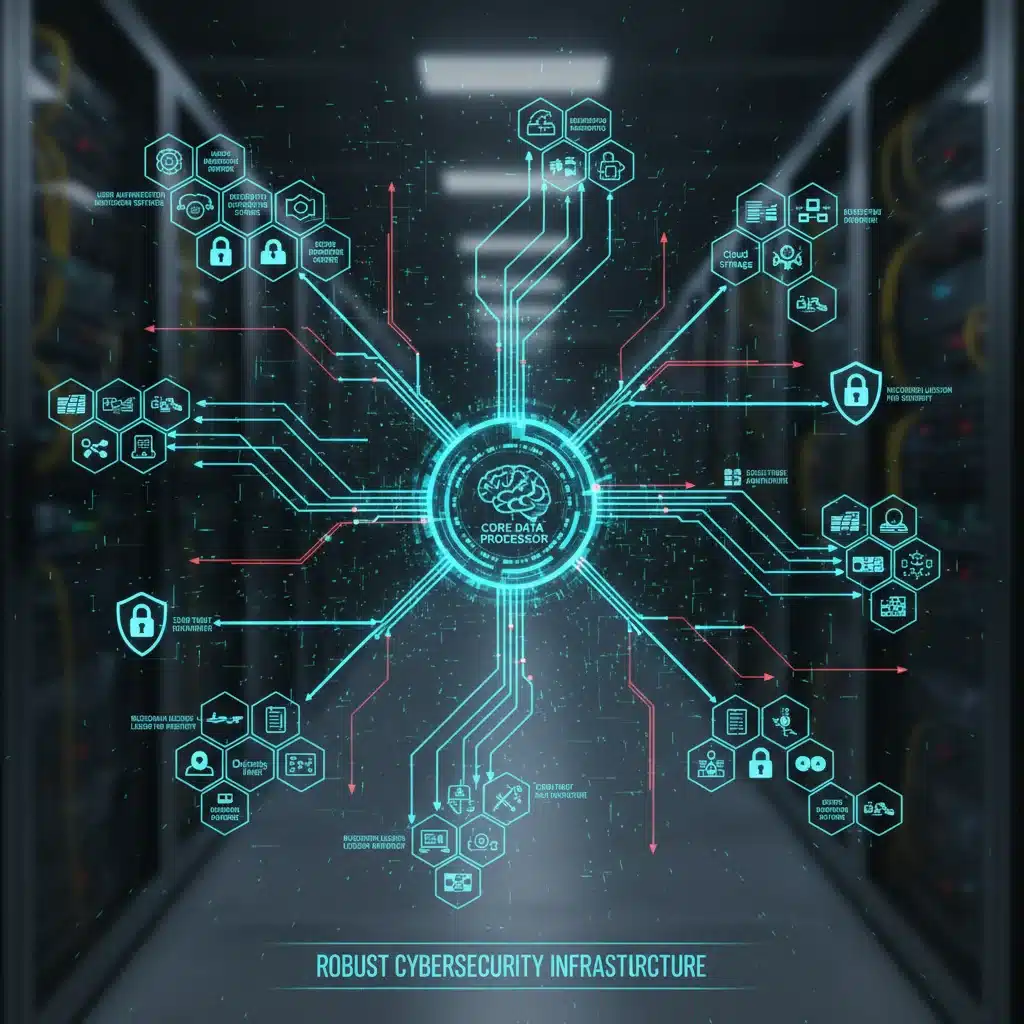 Intricate network diagram showcasing secure data flow and cybersecurity infrastructure elements.