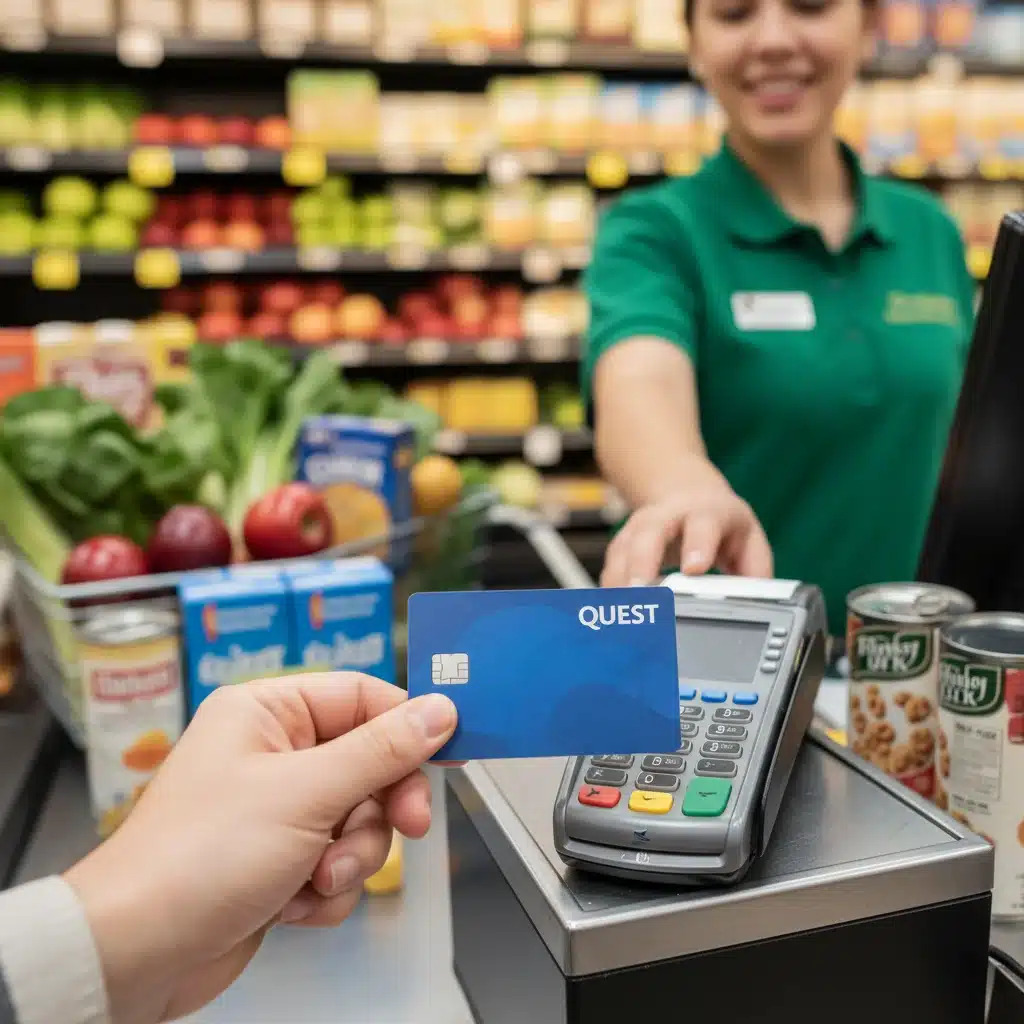 Close-up of an EBT card being used at a grocery store checkout.
