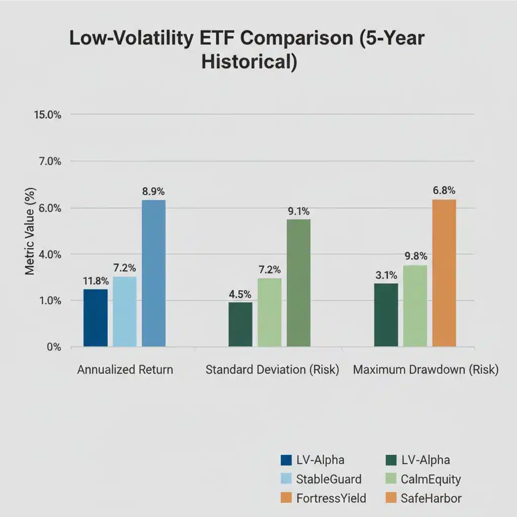 Comparison chart of low-volatility ETF performance metrics and risk factors.