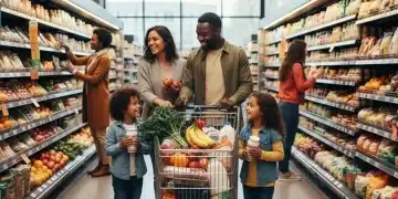 Family shopping for groceries with full cart, symbolizing increased food assistance benefits.