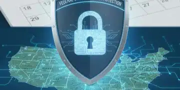 Shield with lock icon over US map, symbolizing federal cybersecurity mandates 2026.