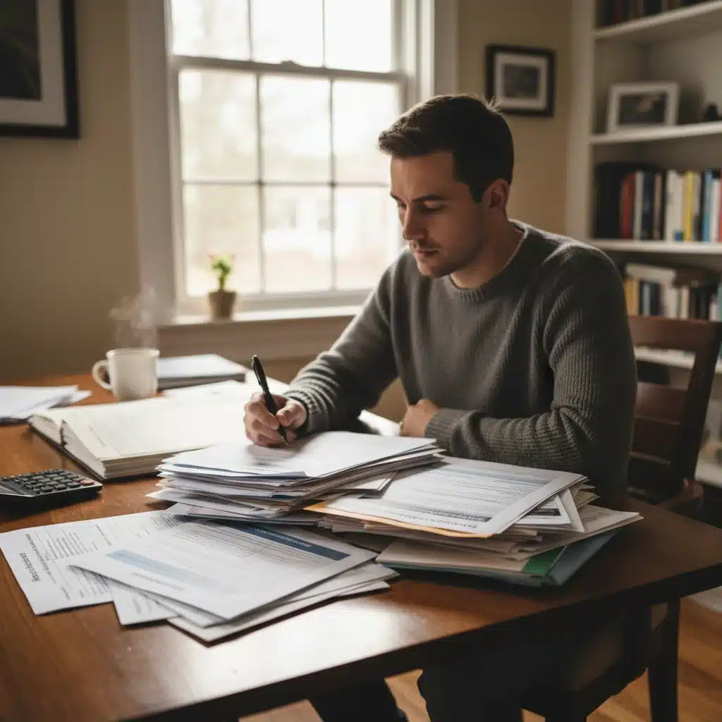 Individual reviewing and completing Medicaid application forms at a desk.