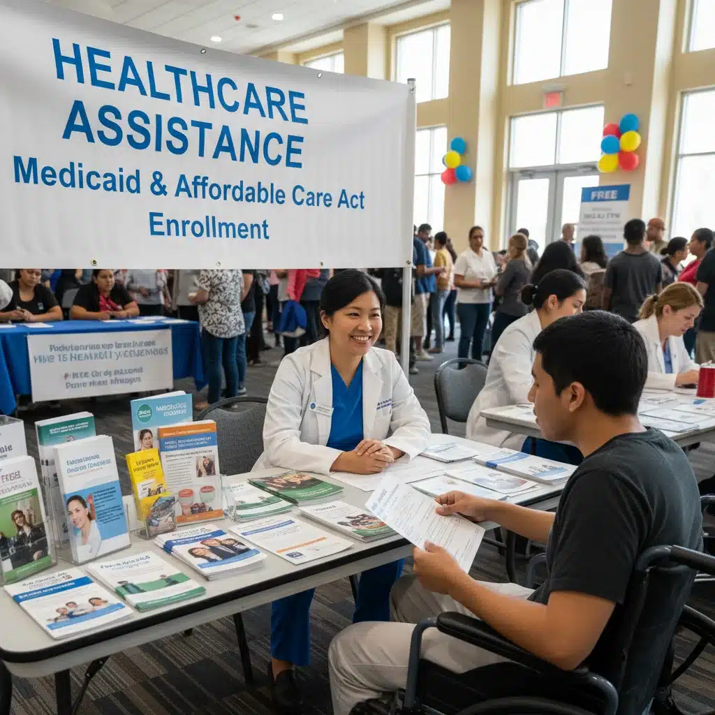 Healthcare professional assisting an individual at a community outreach event with Medicaid enrollment questions.