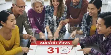 Diverse individuals reviewing Medicaid enrollment information on a tablet, with a March 2026 calendar highlighting the deadline.