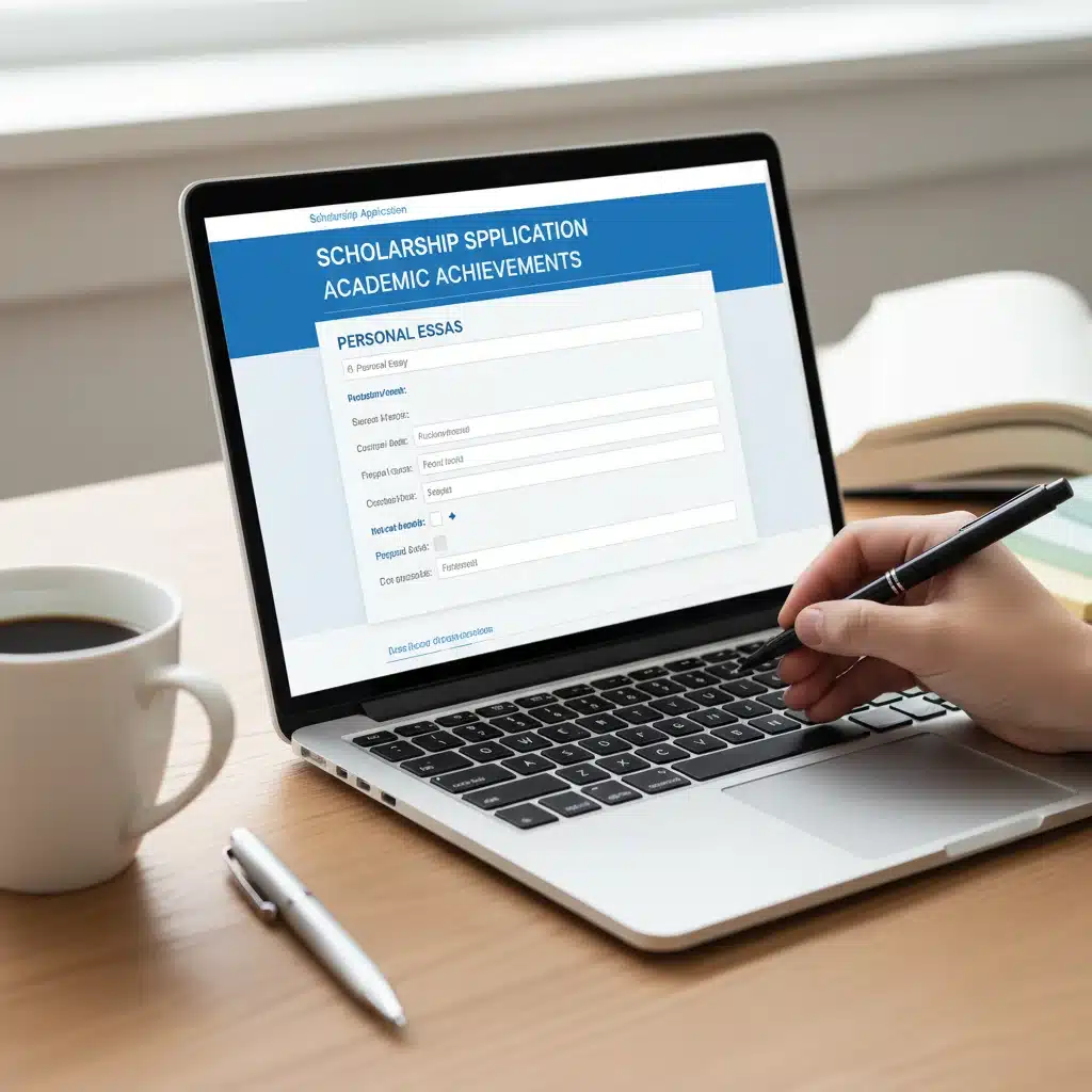Person applying for scholarships online, focusing on academic details