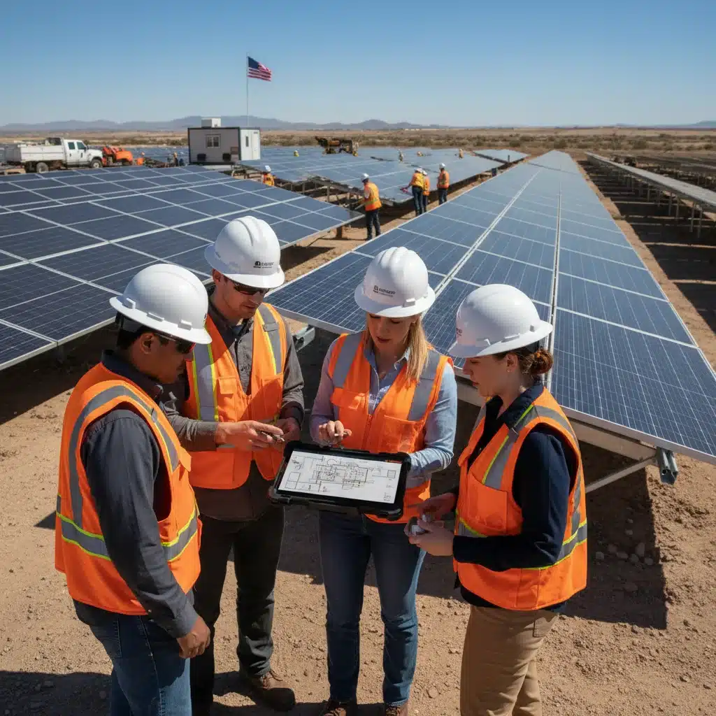 Engineers reviewing plans at a large solar farm construction site, symbolizing US renewable project development.