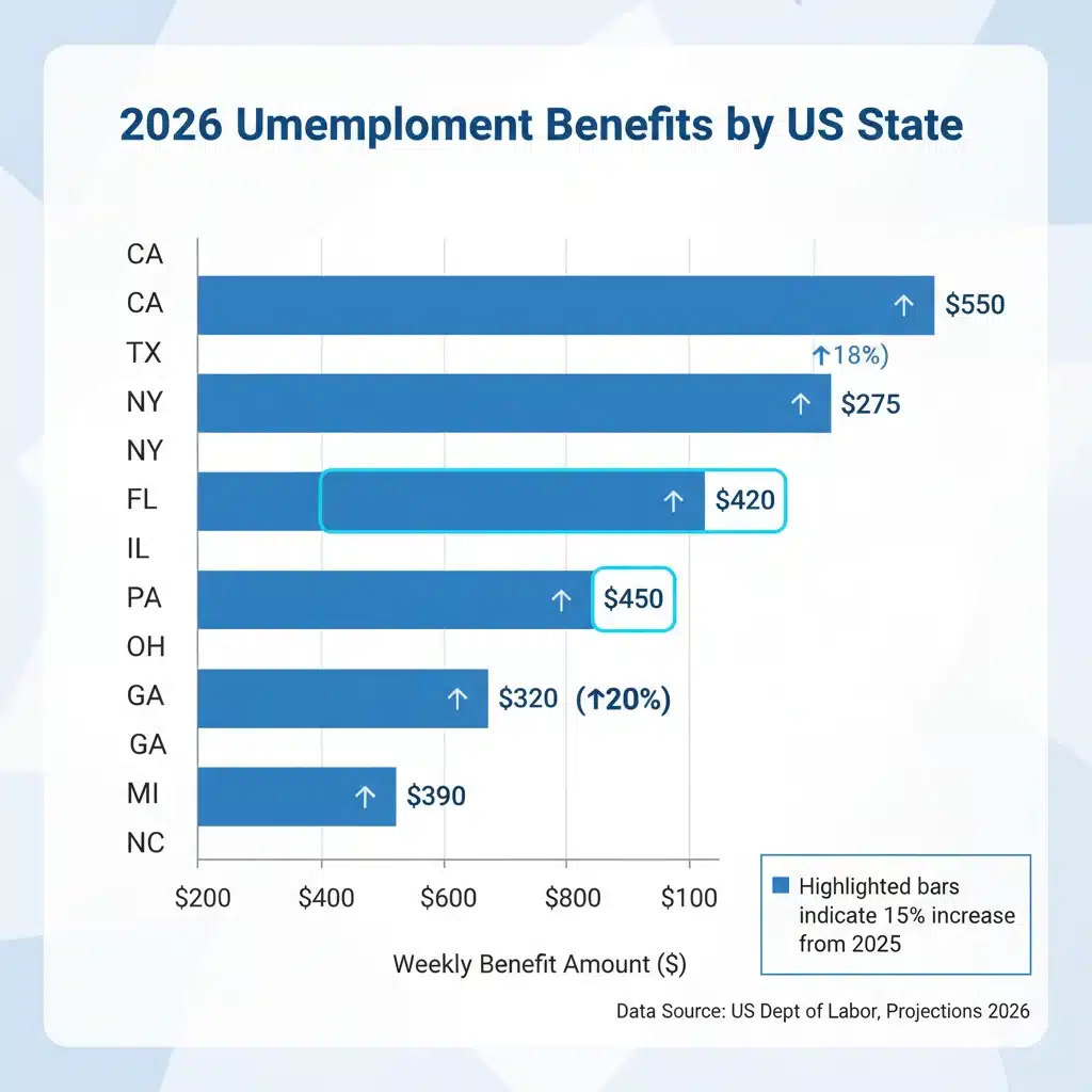 Infographic comparing 2026 state unemployment benefit levels