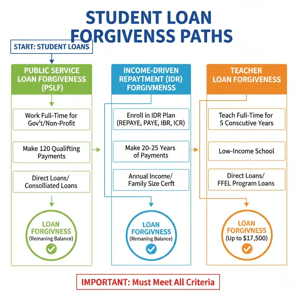 Flowchart detailing student loan forgiveness eligibility and pathways.