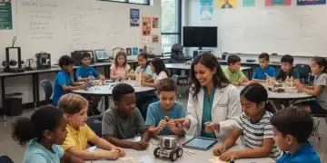 Students collaboratively building a robot in a modern classroom, symbolizing STEM education.