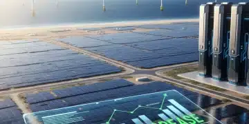 Illustration of US renewable energy growth with wind turbines, solar panels, and energy storage, symbolizing a 15% project increase by 2026.