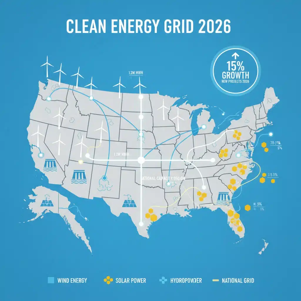 Infographic map of the United States displaying diverse renewable energy projects and their integration into the national grid, highlighting 2026 growth.