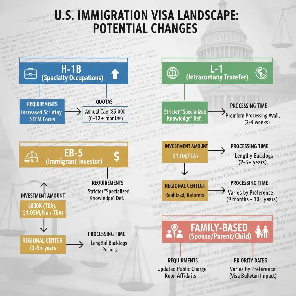 Infographic showing potential changes in various US visa categories