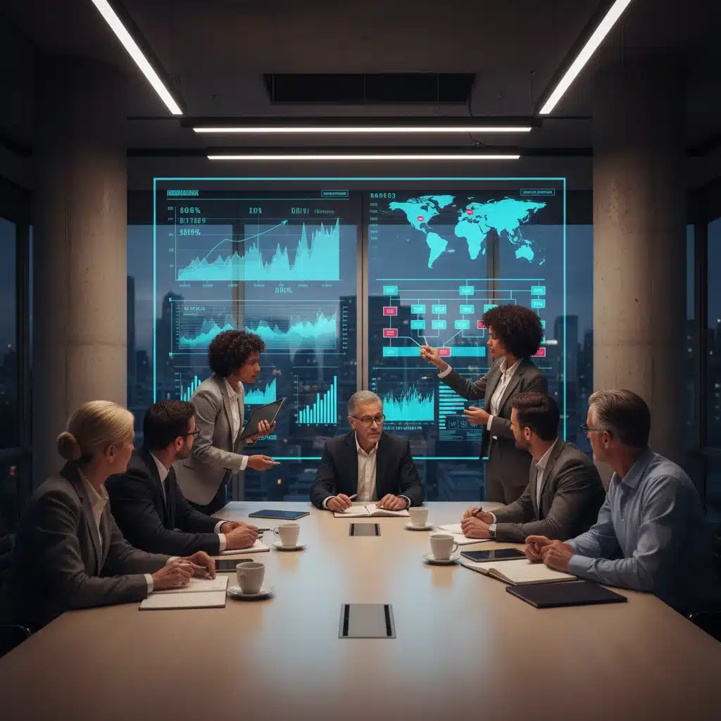 Business team strategizing in a meeting room, analyzing economic data and supply chain challenges.