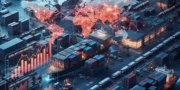 Global supply chain network with interconnected logistics and financial data overlays, indicating ongoing disruptions and economic impact.