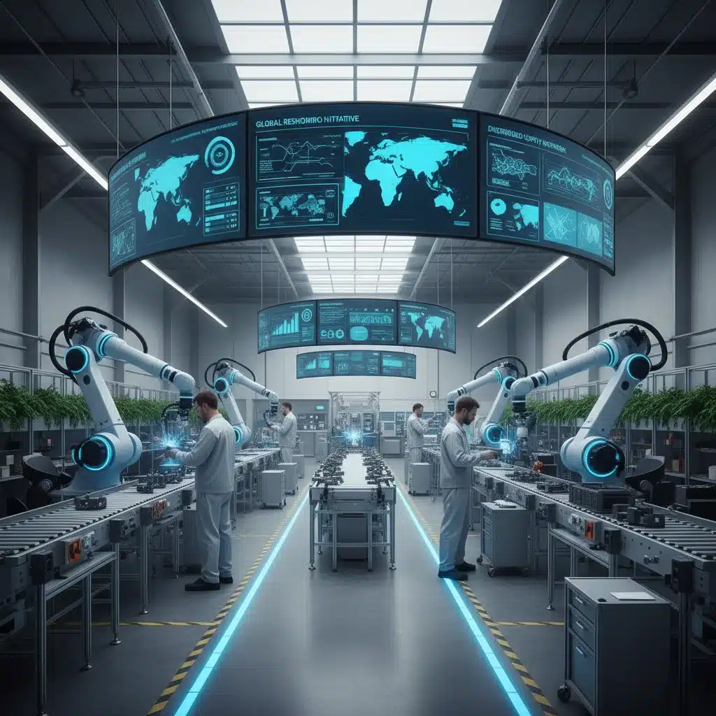 Modern factory floor demonstrating manufacturing reshoring and supply chain diversification strategies.