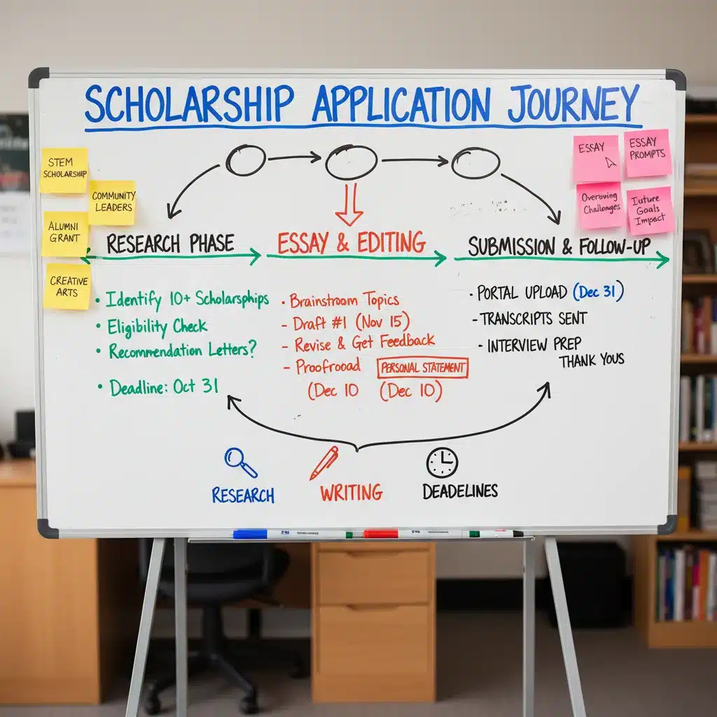 Whiteboard showing a detailed scholarship application strategy and timeline.