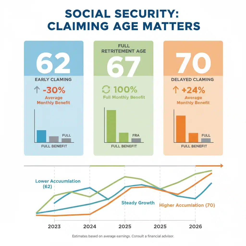 Infographic showing Social Security benefit variations based on claiming age: 62, FRA, and 70.