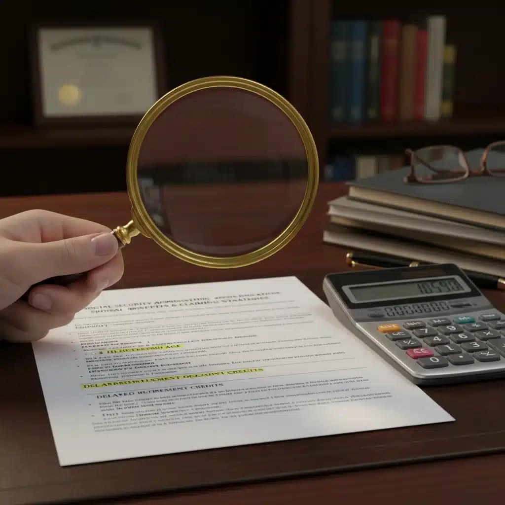 Magnifying glass over Social Security spousal benefit rules with calculator, symbolizing detailed financial review.