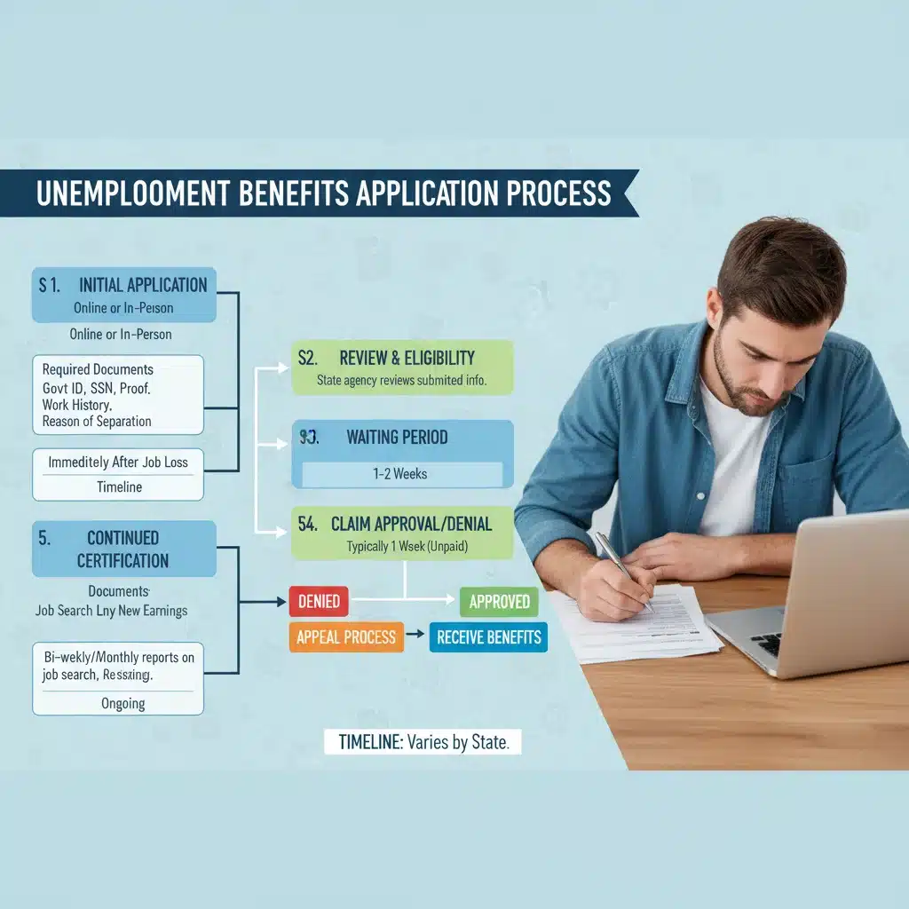 Flowchart detailing the unemployment benefits application process steps