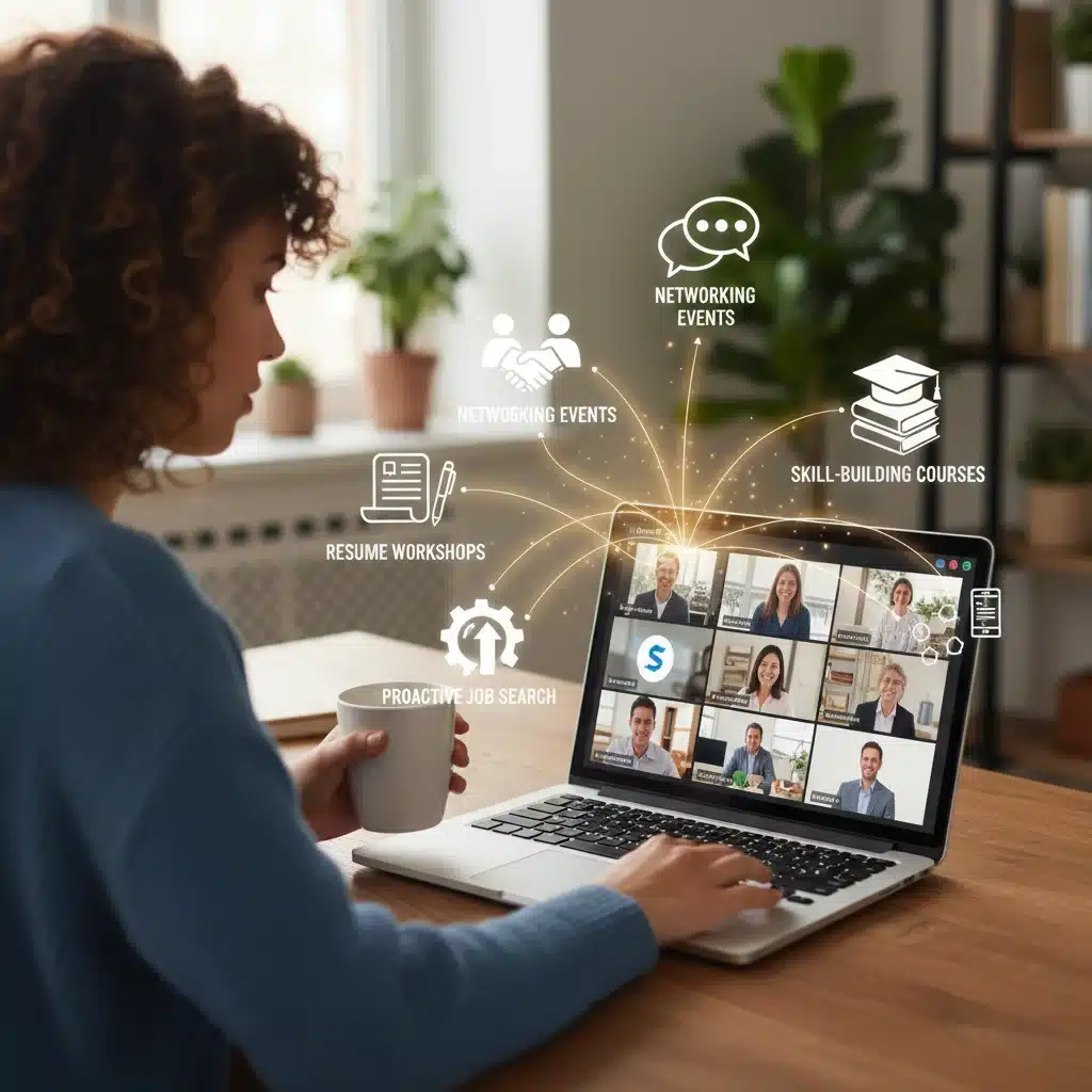 Person attending virtual job fair with career development resources