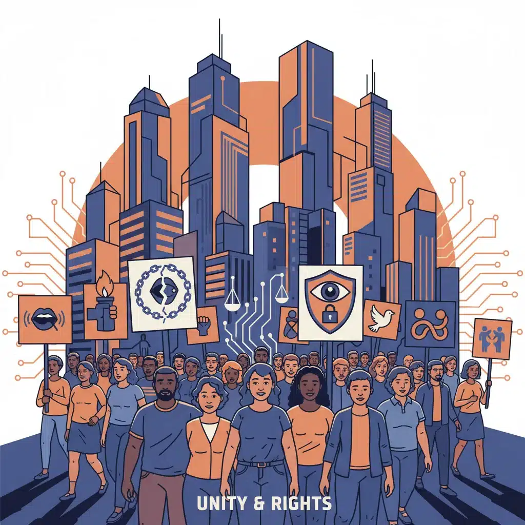 Diverse individuals protesting, symbolizing civil liberties and societal impact.