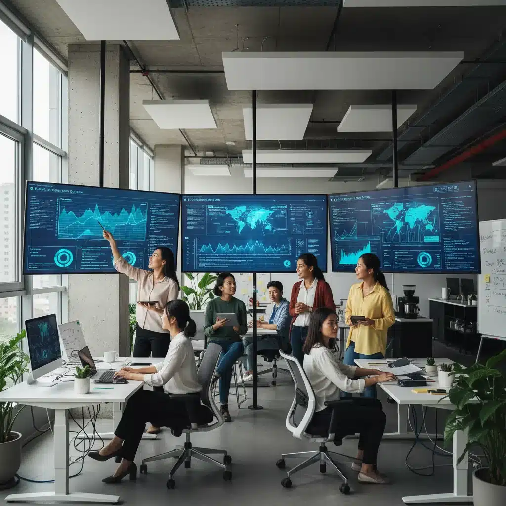 Professionals collaborating on data analytics projects in an office
