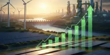 Illustration of diverse renewable energy sources with financial growth charts, symbolizing the Department of Energy's $50 billion investment.