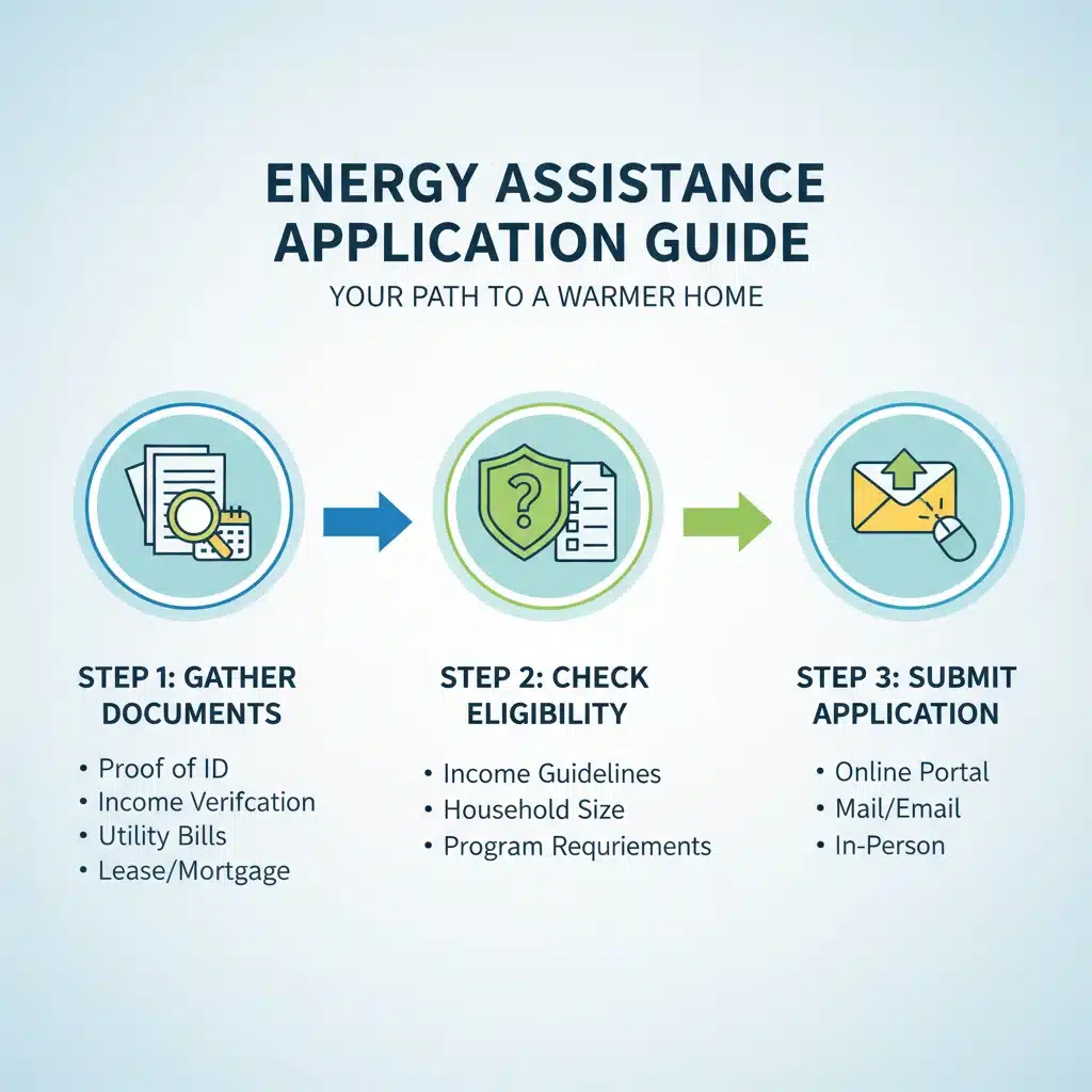 Infographic showing steps to apply for energy assistance programs