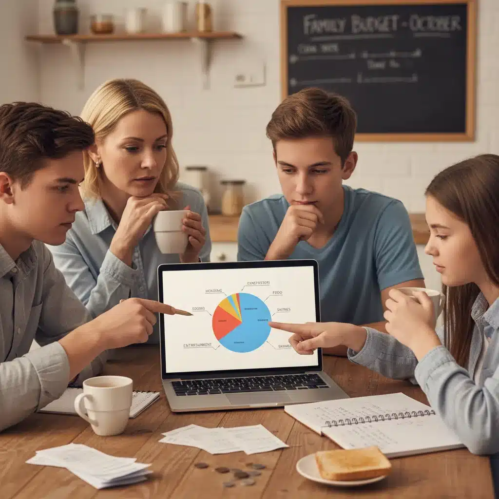 Family analyzing budget pie chart for expense reduction