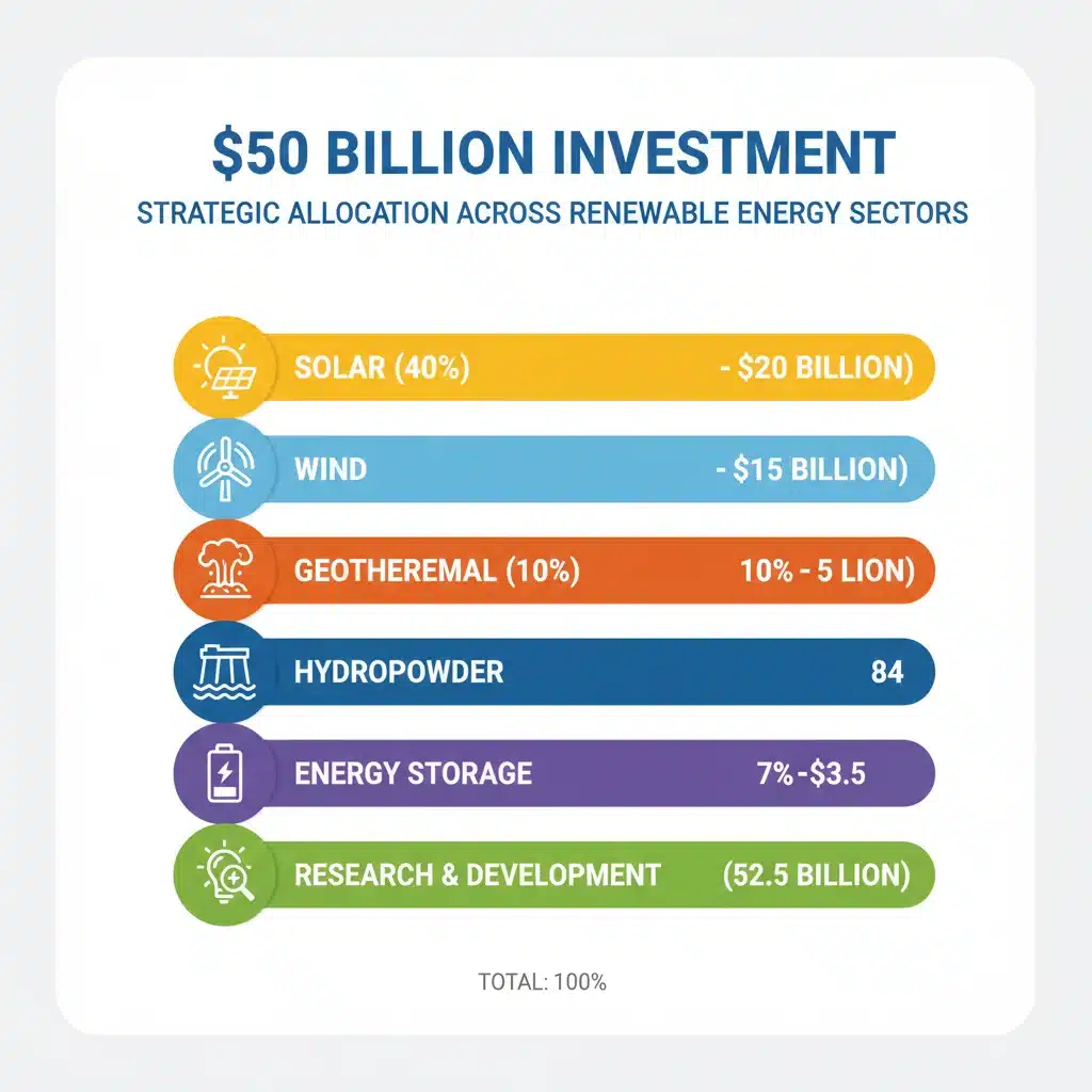 Infographic detailing the strategic allocation of the billion DOE renewable energy investment across various clean energy sectors.