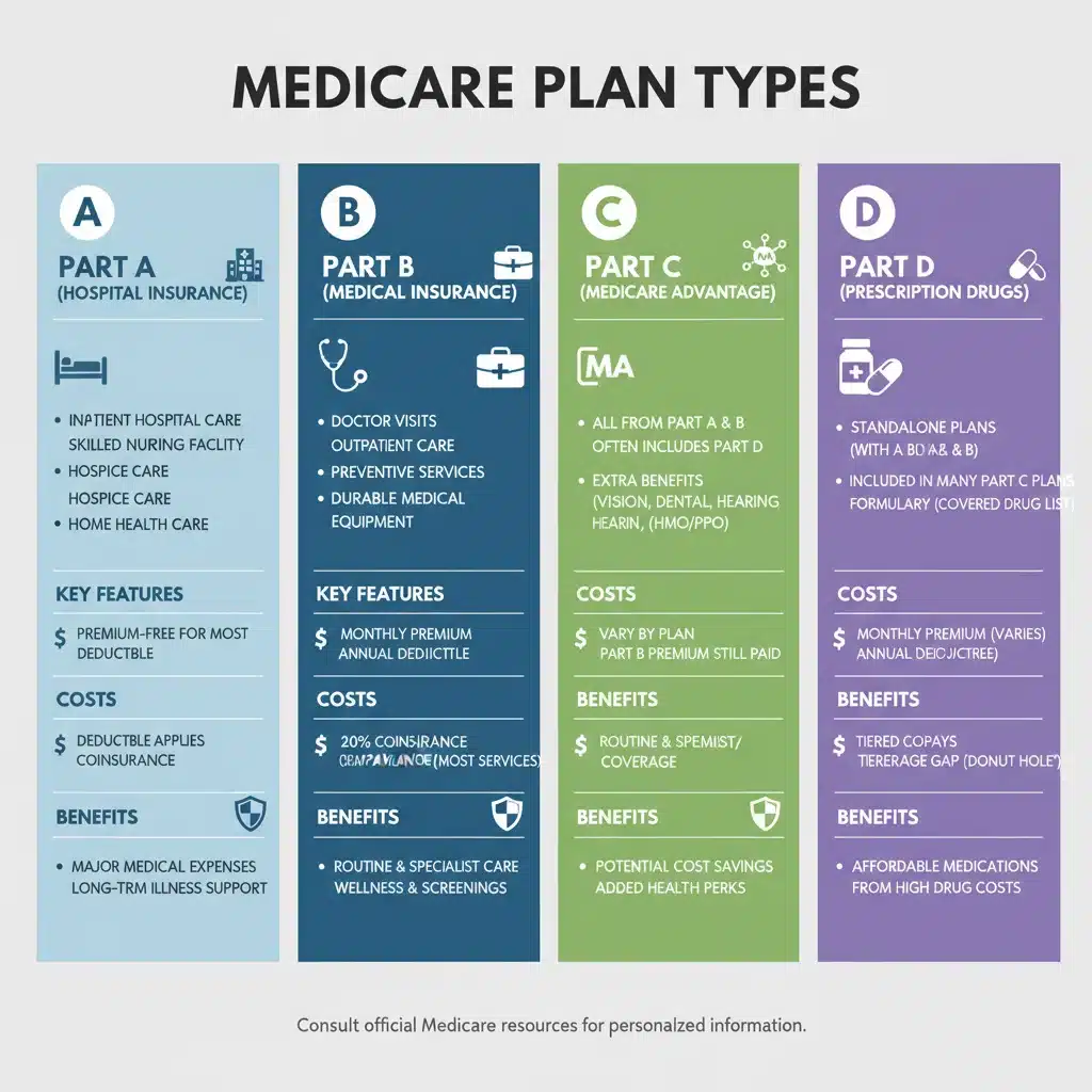 Infographic comparing Medicare Part A, B, C, and D benefits and features.