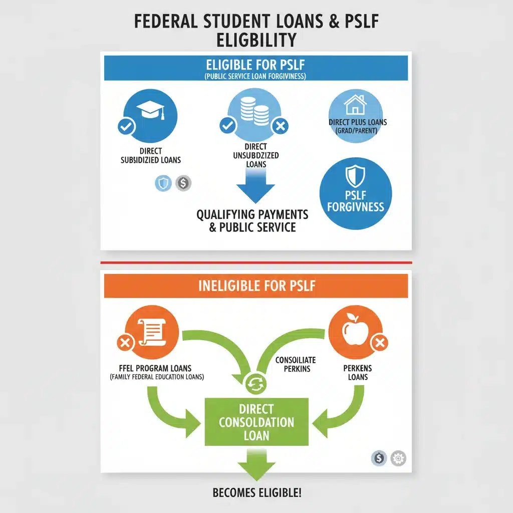Infographic explaining eligible and ineligible student loan types for PSLF