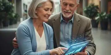 Smiling senior couple reviewing 2026 Medicare documents on a tablet, symbolizing healthcare planning.