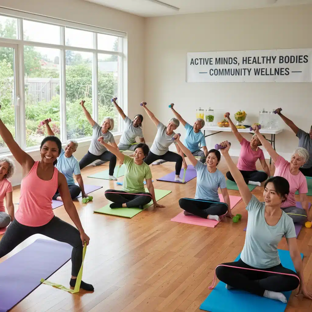 Diverse seniors engaging in a wellness class, highlighting proactive health and community support.