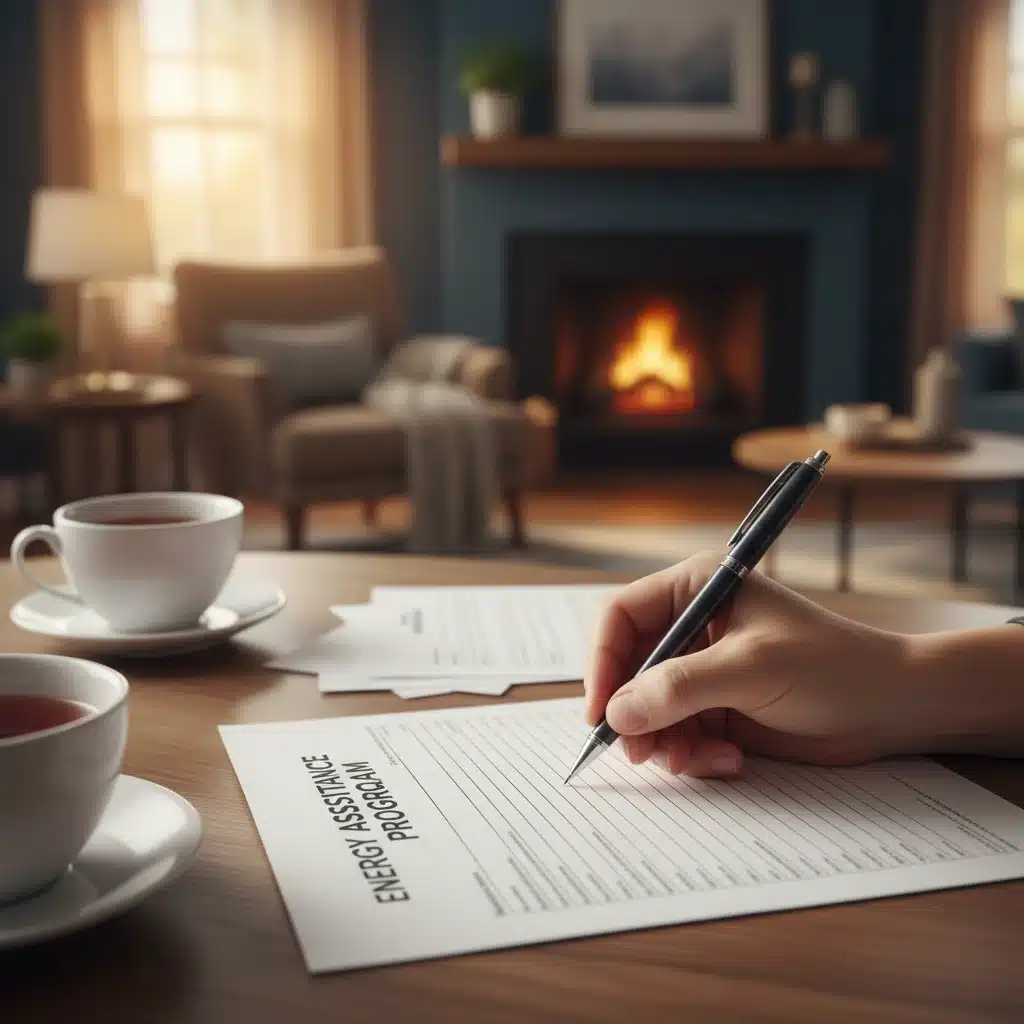 Hand signing energy assistance application form in a warm home